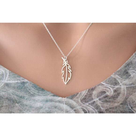 Sterling Silver Openwork Feather Charm Necklace, Feather Necklace - Picture 1 of 3
